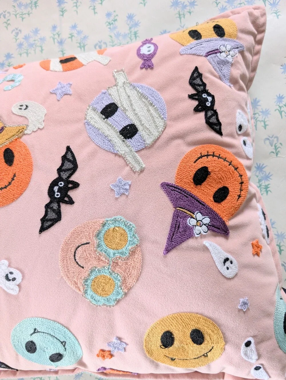 Lunaville Pastel Embroidered Halloween Pillow NEW 70s Groovy Retro Velvet Cute